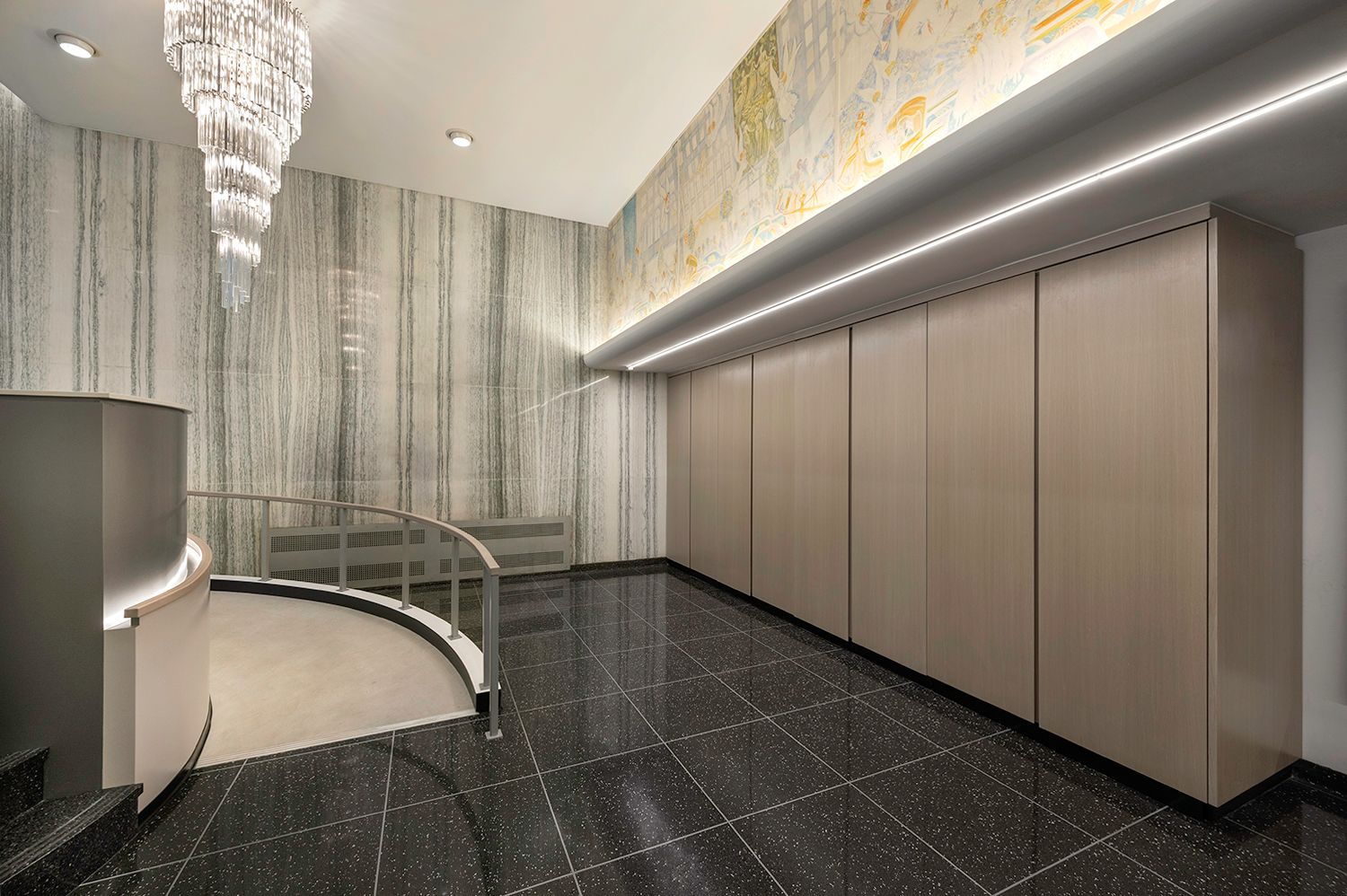 Pre-war residential lobby with chandelier — lighting design and installation by Go Pro Electric